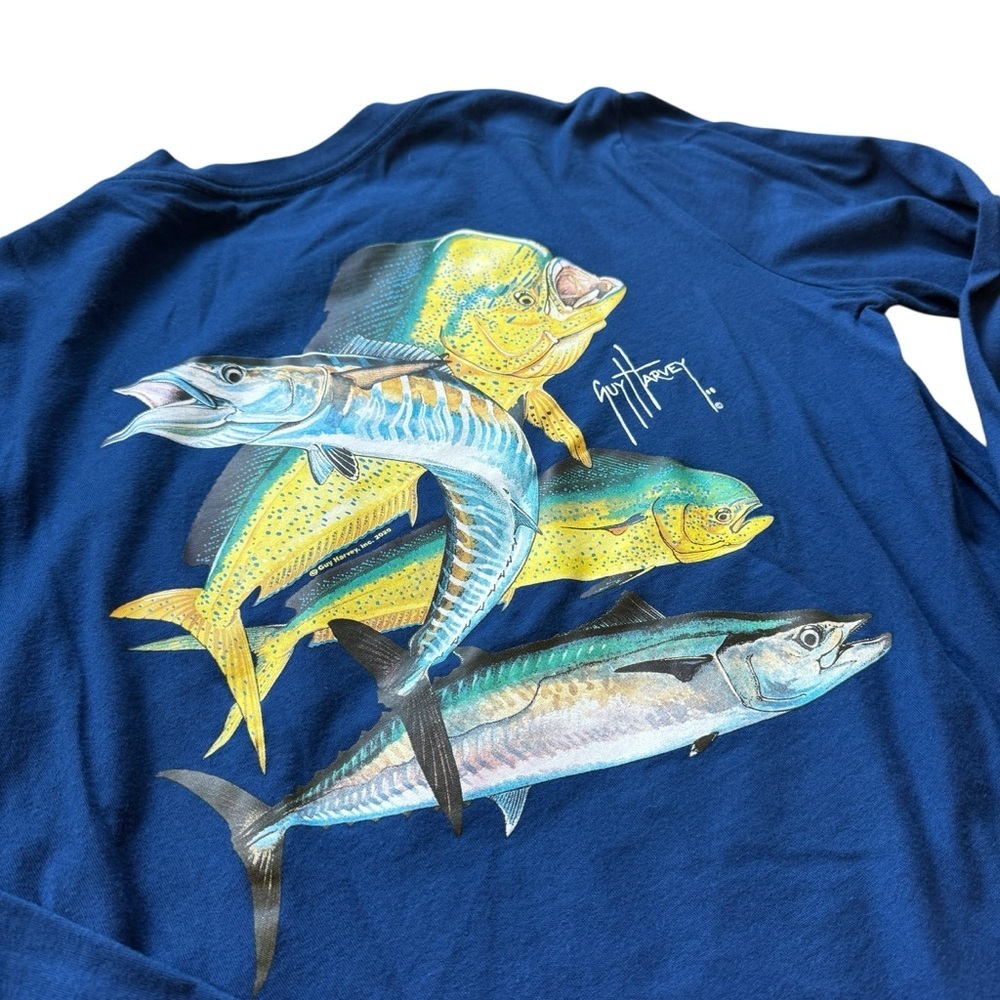 Guy Harvey Fishing Shirt Long Sleeve Pocket Tee Blue Mahi Wahoo Marlin Graphic S